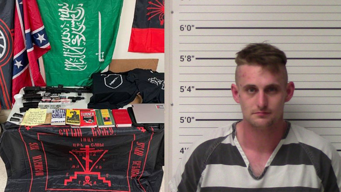 Coleman Thomas Blevins, 28, was arrested on Friday and charged with making a 'terroristic threat to create public fear and serious bodily injury.' A photo of the suspects home.