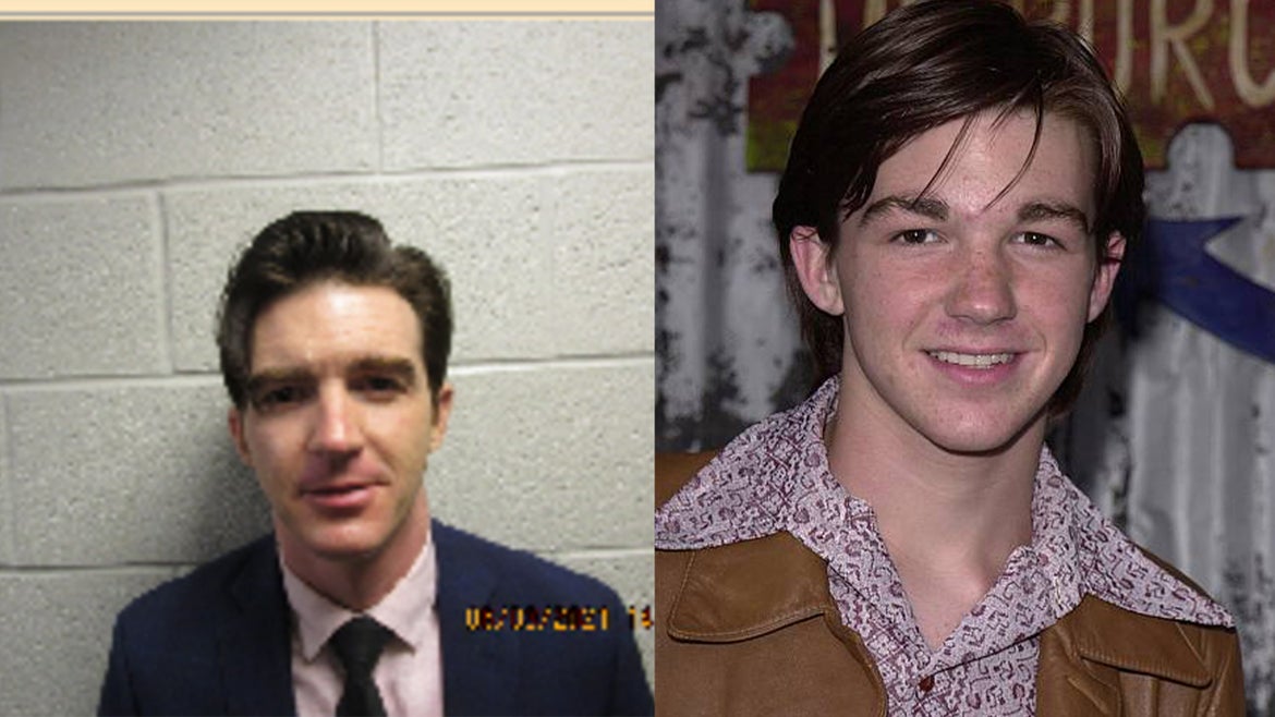 Side by side photo of Drake Bell during his hearing and when he was a child