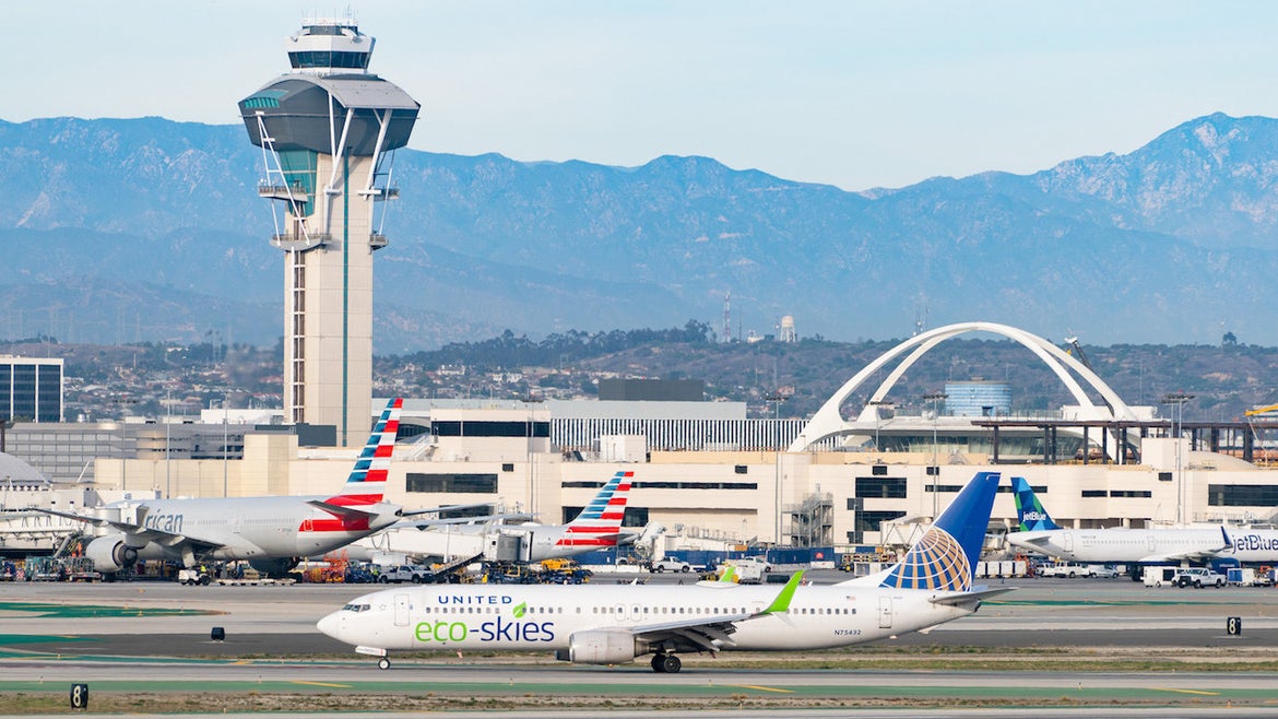 United Eco-Skies Boeing 737-924ER arrives at Los Angeles international Airport on January 13, 2021 in Los Angeles, California