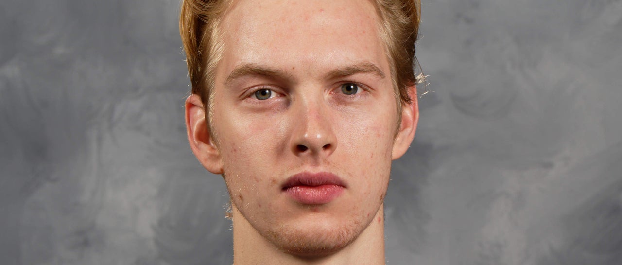 Matiss Kivlenieks, #80 of the Columbus Blue Jackets, poses for his official headshot for the 2020-2021 season on January 3, 2021 at Nationwide Arena in Columbus, Ohio. 