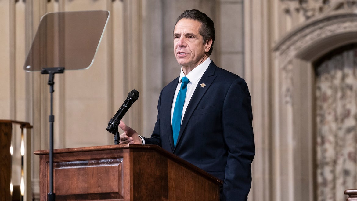 Governor Andrew Cuomo delivers remarks at Riverside Church during morning worship on the inequities in the Trump administration's vaccine distribution plan. 