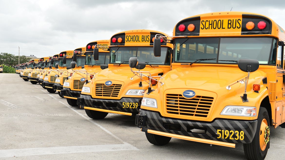 A fleet of Broward County School Buses are parked in a lot on July 21, 2020 in Pembroke Pines, Florida.