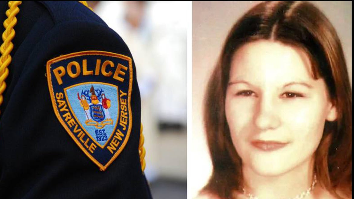 Sayreville police badge side by side with high school photo of the late Noga