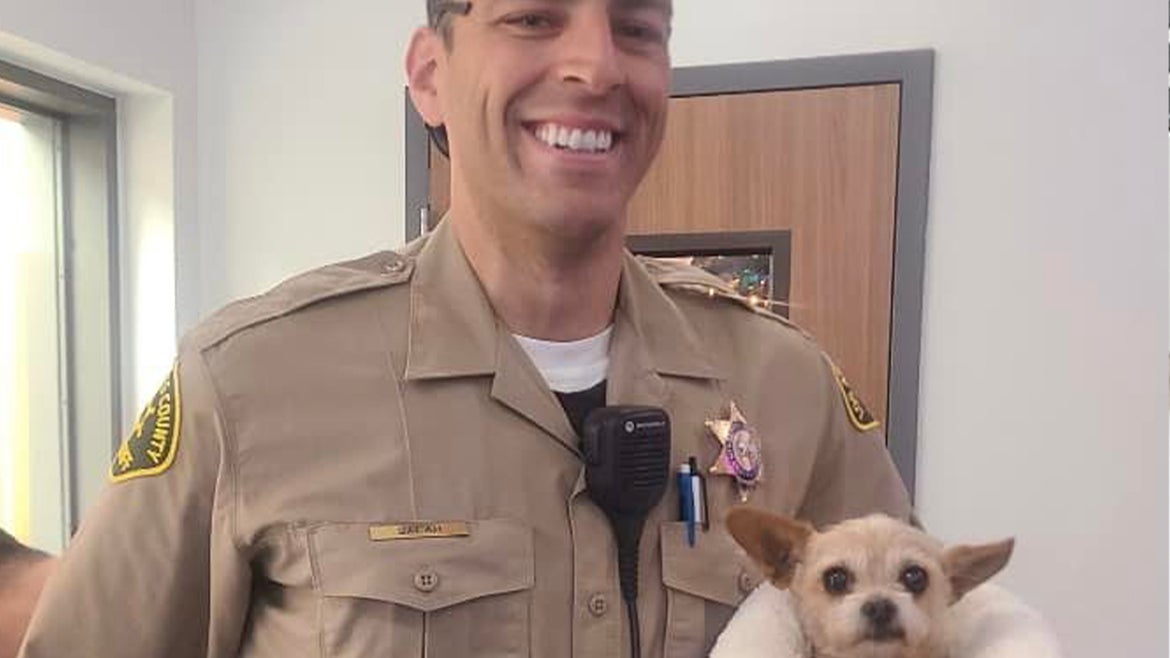 Santa Clarita Valley Sheriff holds pup that was rescued. 