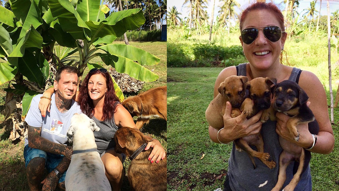 Angela Glover, 50, was a victim of the tsunami in Tonga. She is pictured alongside her husband, James and their dogs.