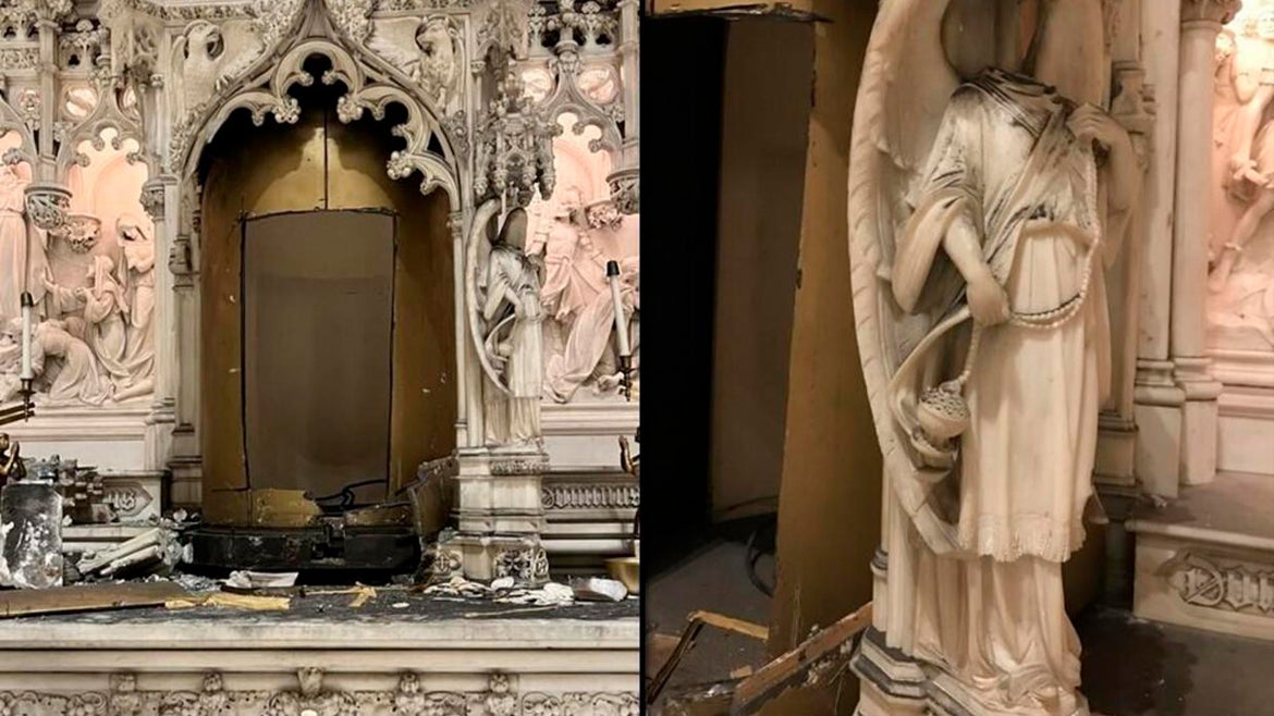 side by side photos of damaged entryway and angel statue