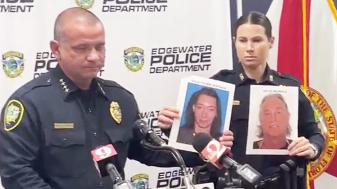 Authorities hold up photos of victims Erica Hoffman, 33, and Ian Greenfield, 59.