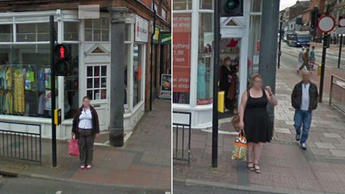 From left: woman standing on street corner wearing a shirt, bag and cardigan while holding pink bag. On Right: the same woman standing on same street corner wearing black dress and multi-colored bag