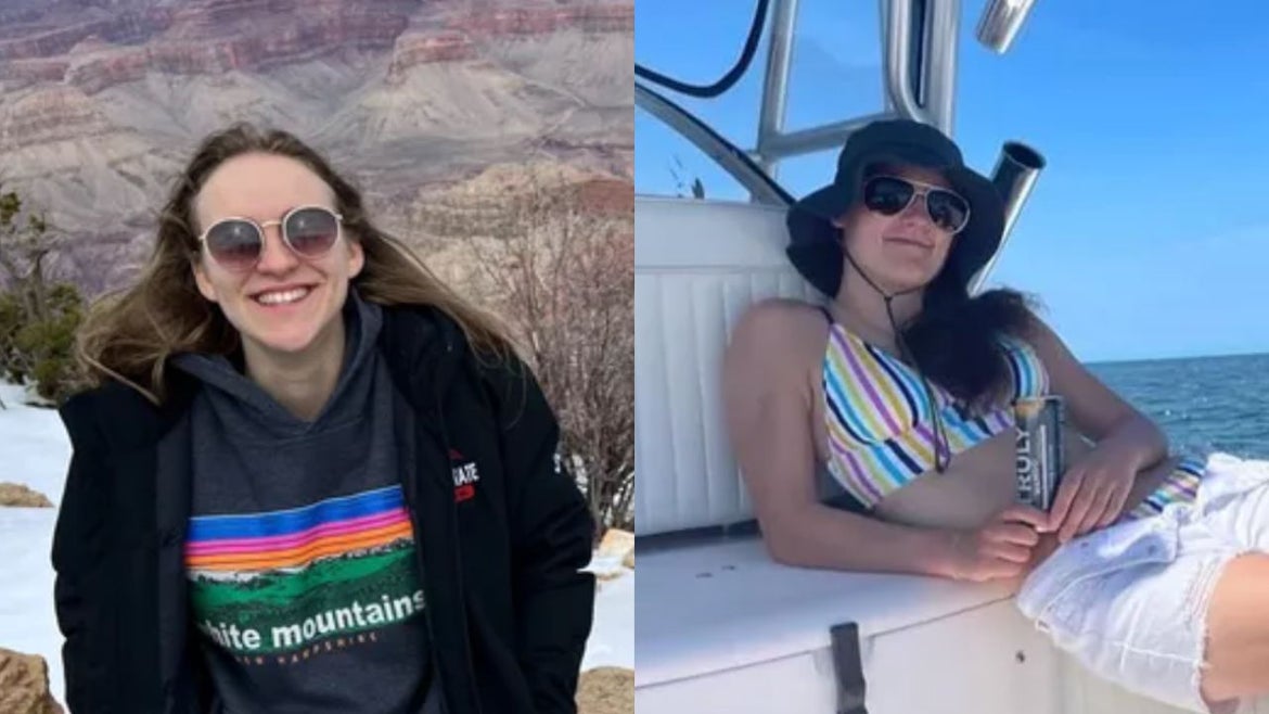 split image. Colby Sanders smiling with sunglasses on on the right, Brianna Broderick smiling in swimsuit and sunglasses on left.