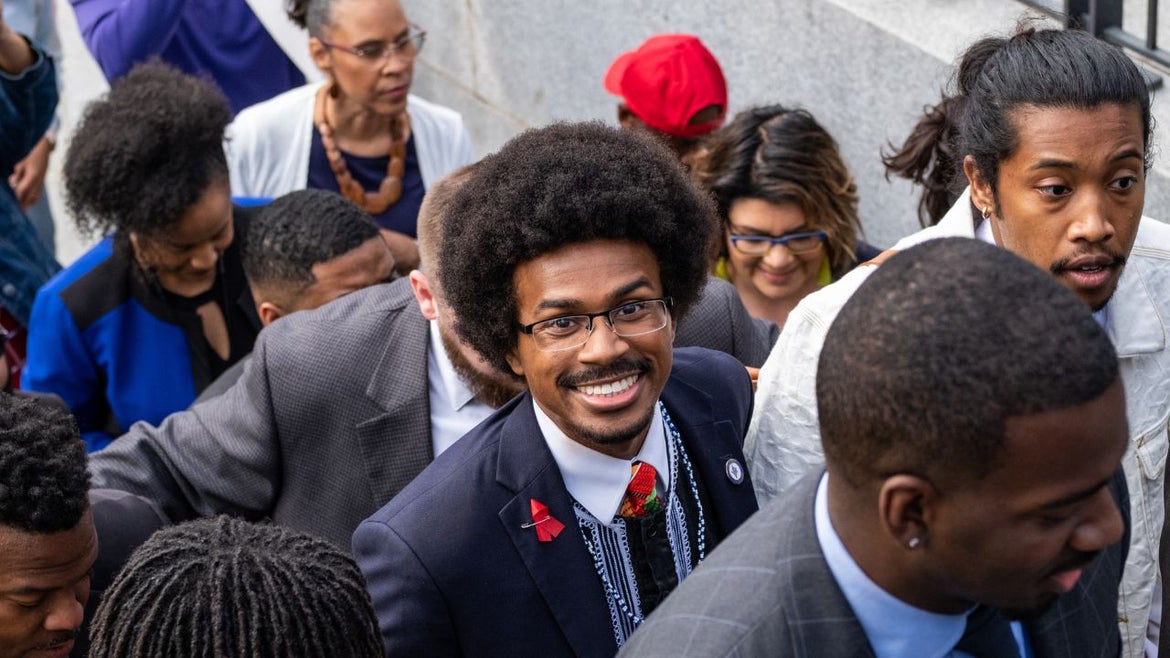 Democratic State Representative Justin Pearson makes his way to the Tennessee State Capitol building after being sworn in on April 13, 2023 in Nashville, Tennessee