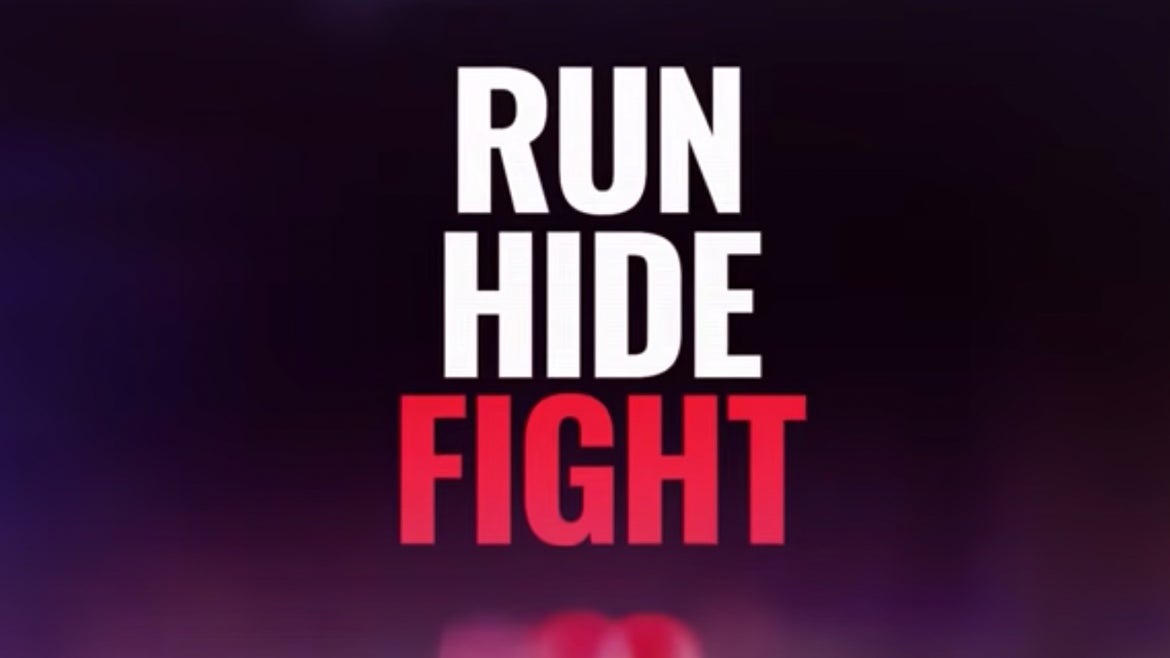 The slogan "Run. Hide. Fight." appears throughout the FBI's video on surviving an active shooter.