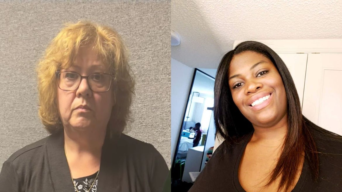 Left: mugshot of Susan Lorincz, Right: Ajike Owens smiling in selfie