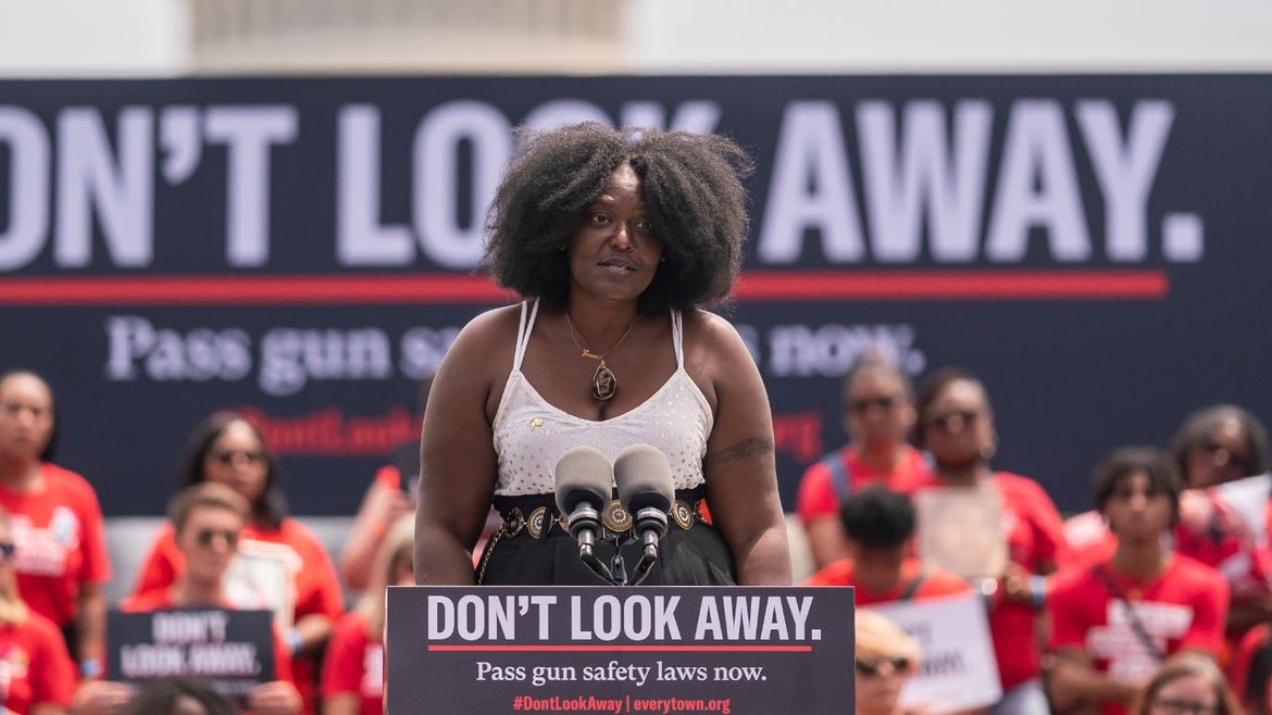 Zeneta Everhart speaks about her son Zaire Goodman, who was shot but survived in the recent Buffalo mass shooting, during the Moms Demand Action Gun Violence Rally on June 8, 2022 in Washington, DC.
