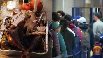 Roast turkey / People waiting in line at airport