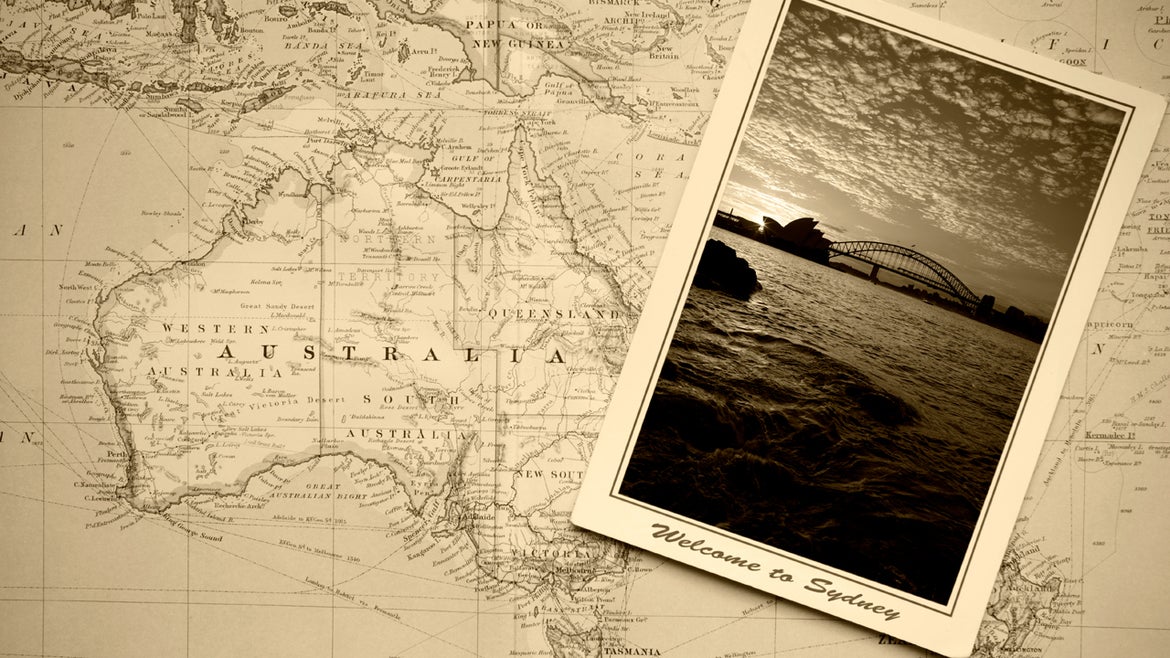 A generic postcard from Sydney with a map of Australia