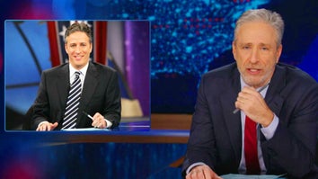 Jon Stewart sitting at news desk next to a photo of himself 20 years prior. 
