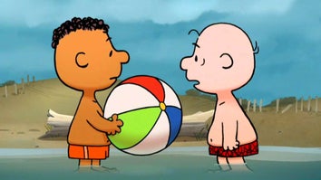 Franklin cartoon playing with a beach ball with Charlie Brown.