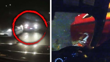 red car in a red circle / red car hitting police car