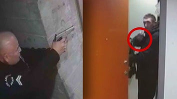 Officer pointing gun/Man holding gun behind door
