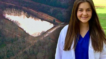 Aerial image of the on-campus lake / Photo of victim in her scrubs