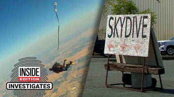 Tandem skydivers without their parachute / Large sign reading "SKYDIVE"