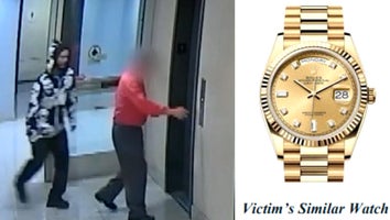 two men at elevator / Rolex watch