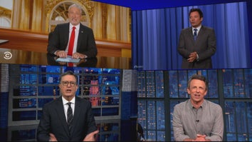 clockwise from top left: Jon Stewart, Jimmy Fallon, Seth Meyers, Stephen Colbert
