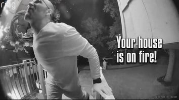 Ring camera screenshot of man at a front door, text reads: "Your house is on fire!"