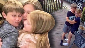 Two young kids hugging their mother / Two young kids crying and hugging each other on a porch