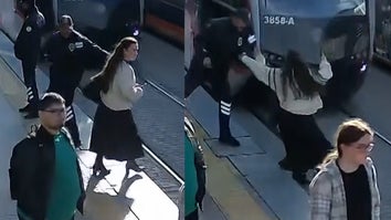 split screen image of before and after woman is nearly hit by tram