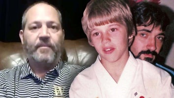 Jody Plauche as ana adult / Jody Plauche as a child wearing a karate uniform with Jeff Doucet standing behind him