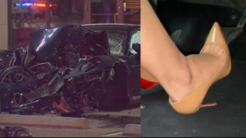 Car crash, woman in high heels operating gas pedal