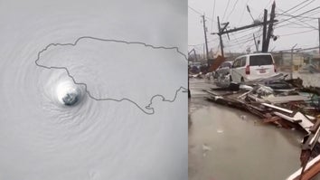 Split screen of satellite image of eye of Hurricane Melissa touching Jamaica/post-storm flooded street in Jamaica