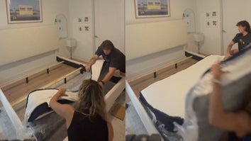 Before and after two people open a vacuum-sealed mattress that pops open