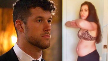 Clayton Echard on 'The Bachelor' / woman standing sideways with her arms off showing off belly