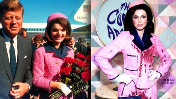 Photo of John F. Kennedy and Jacqueline Kennedy Onassis at an airport / Julia Fox dressed as Bloody Jackie O.