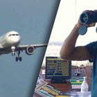 Airplane flying / Man looking through binoculars at runway