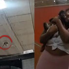 Monkey on warehouse ceiling, woman holding pet monkey