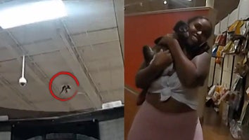 Monkey on warehouse ceiling, woman holding pet monkey