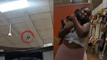 Monkey on warehouse ceiling, woman holding pet monkey