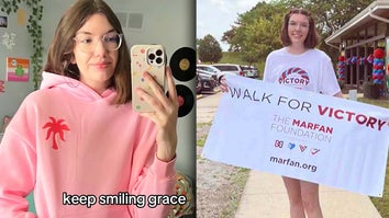 Grace Meyers in a pink sweatshirt / Grace Meyers holding a large donation check