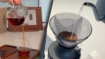Coffee pouring into clear glass, hot water poured over ground coffee