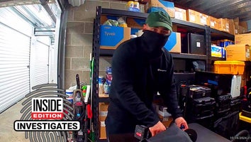 Man with a mask and a hat inside a storage unit 