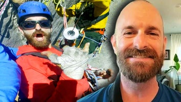 Derek Strittmatter strapped into a harness / Derek Strittmatter smiling in interview