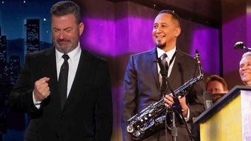 Jimmy Kimmel crying / Cleto Escobedo III holding a saxophone