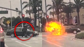 Motorcyclist about to crash into car, fireball resulting from collision