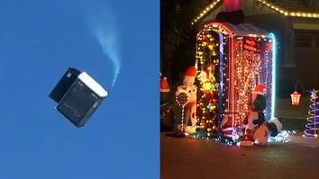 Porta-potty carried by the wind, Porta-potty decorated for the holidays