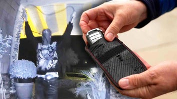 Person in a hood and mask holding up antennae near a house / Hand pulling a car key remote out of a faraday container 