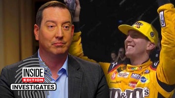 Kyle Busch speaking in an interview / Kyle Busch cheering after a race wearing an m&m jacket