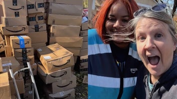 Stacks of Amazon packages, Amy Creel and an Amazon driver who delivered the packages